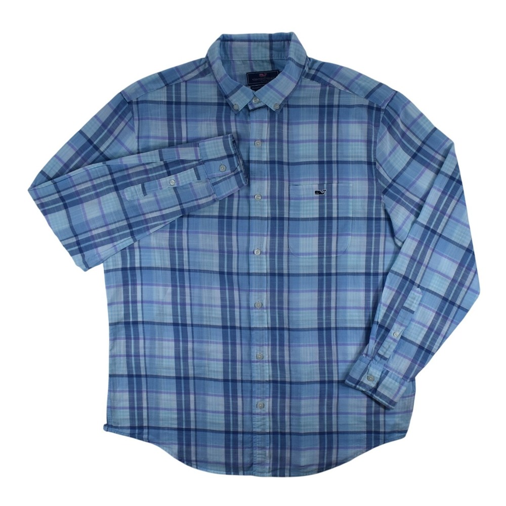 Vineyard Vines Mens Classic Fit Tucker Shirt Blue Purple Plaid Cotton 1W3603 L